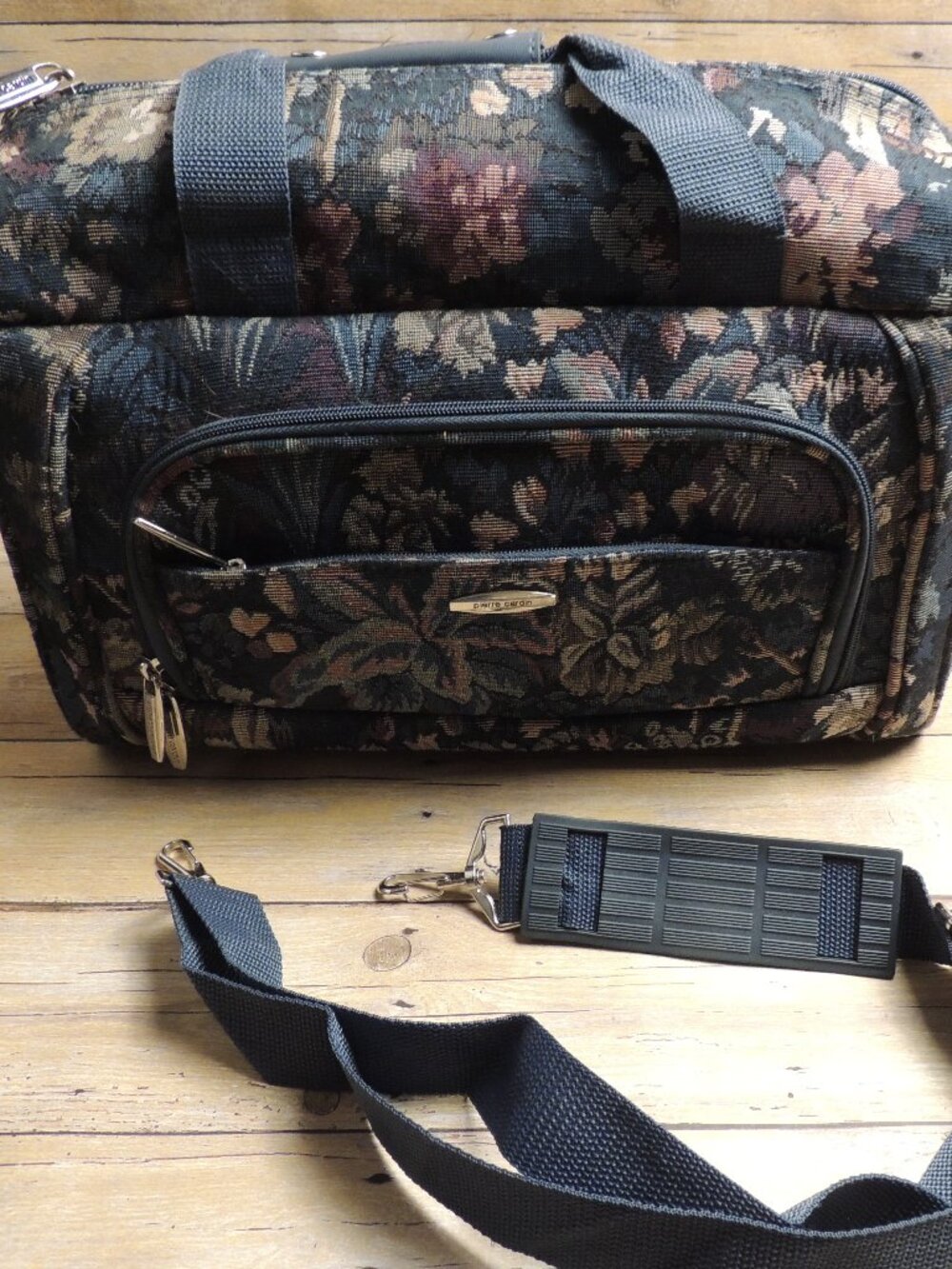 Vintage Pierre Cardin Blue Flower Overnight Travel Bag with Shoulder Strap